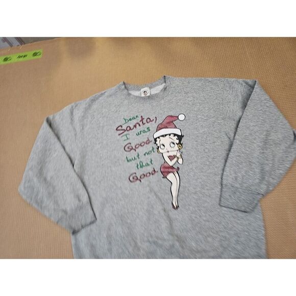 Vintage Betty Boop Naughty Christmas Sweatshirt Grey Large Boxy Fit Cartoon - Picture 2 of 9
